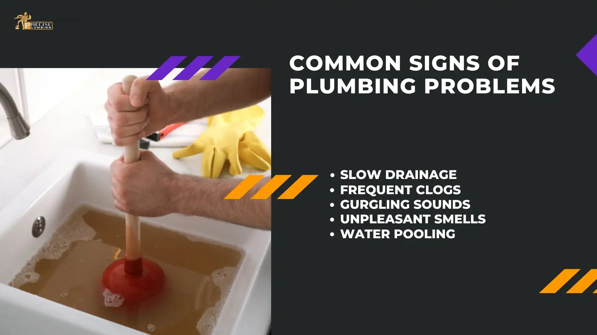 A person plunges a clogged, murky sink; text shows common plumbing issues and repair vs full replacement.