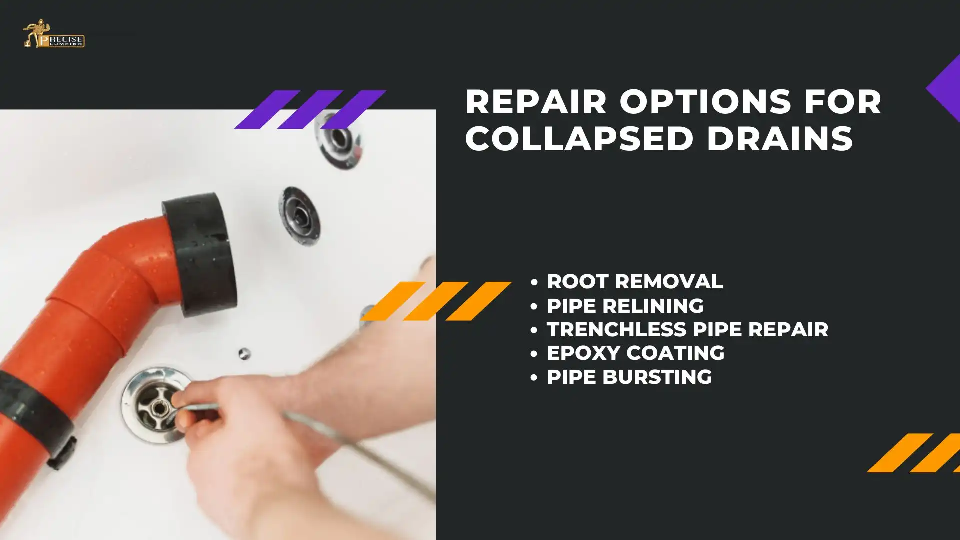 Plumber repairing drain by red pipe. Options: repair vs full replacement, relining, trenchless repair.